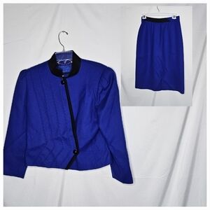 NWOT Louis Feraud 100% wool Vintage blue black skirt blazer jacket set sz 12